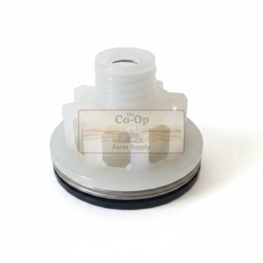 A white plastic agricultural ppump valve with a black rubber gasket, shown on a white background with a 'The Co-Op Farm Supply' watermark overlay.