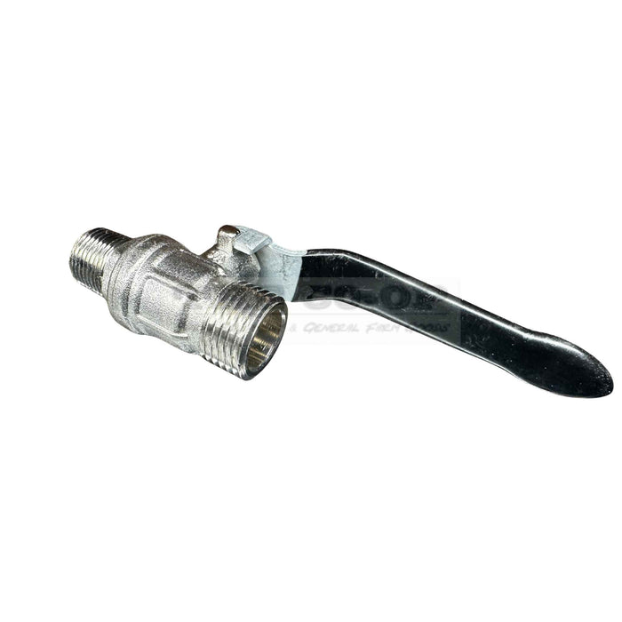 Metal ball valve with black handle on a white background