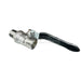 Metal ball valve with black handle on a white background