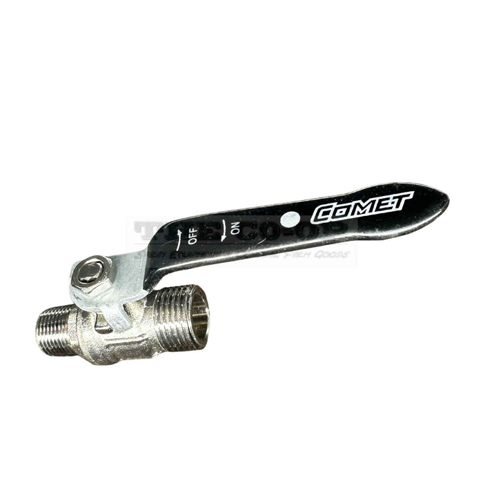 Ball valve with black handle and 'Comet' branding on a white background