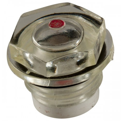 Metallic hexagonal valve stem cap with a red center on a white background