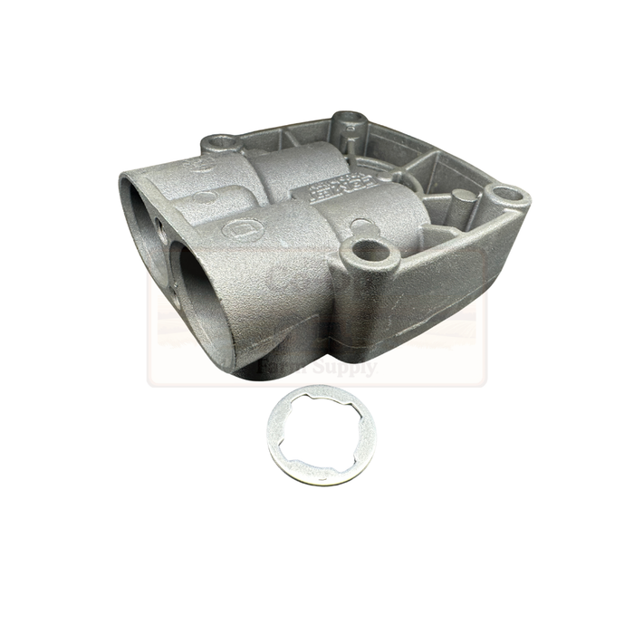 Metal valve body with a washer on a white background