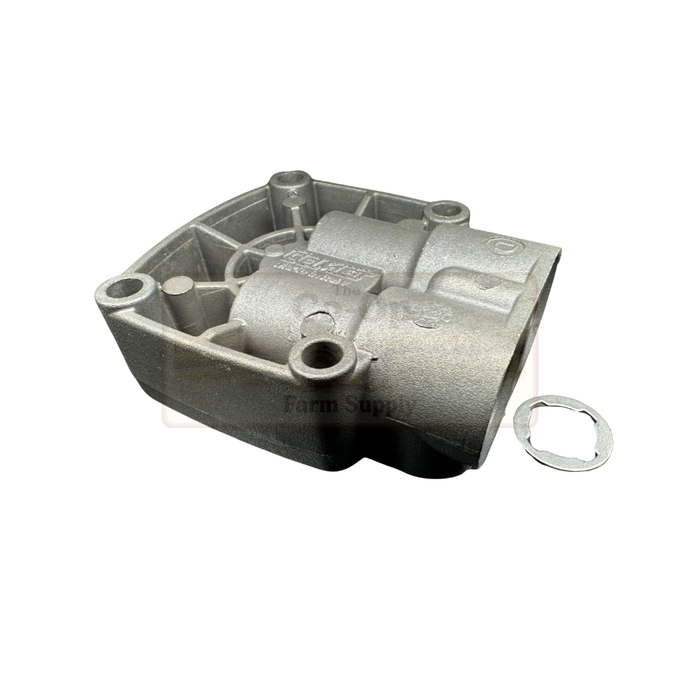 Metal mechanical part with a washer on a white background, branded 'Farm Supply'.
