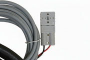 Gray electrical cable and connector on a yellow background
