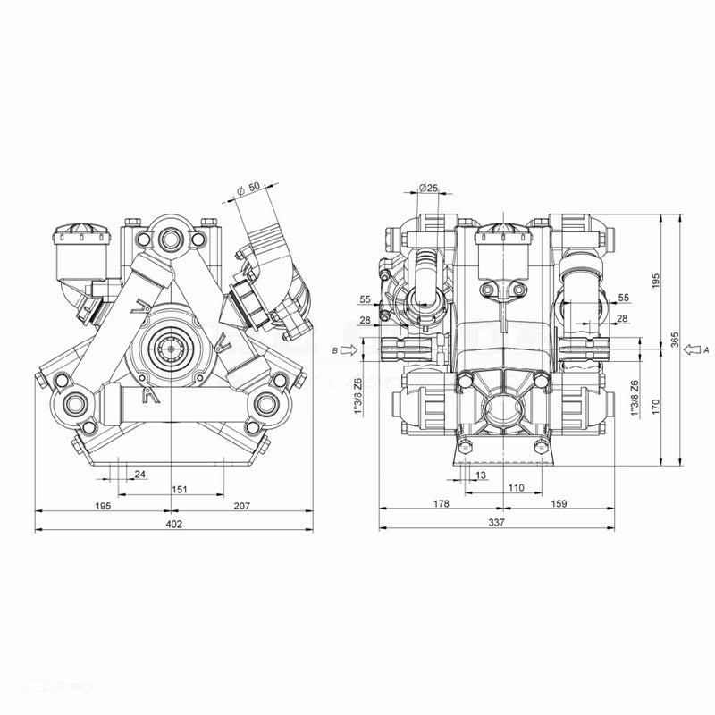 Imovilli D243 Diaphragm Pump 235 L/min 20 Bar – PTO Through Shaft