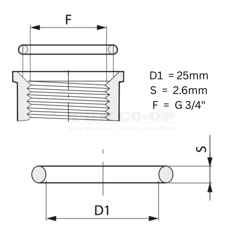 Technical drawing of a threaded fitting with dimensions labeled