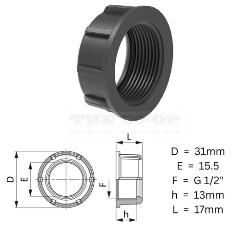 Black threaded fitting with dimensions labeled on a white background