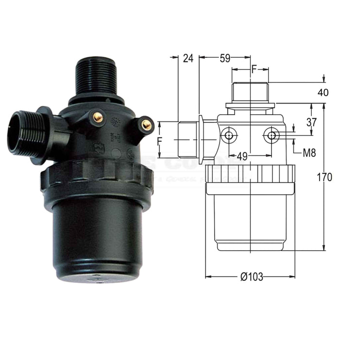 Black mechanical valve with a technical drawing on a white background
