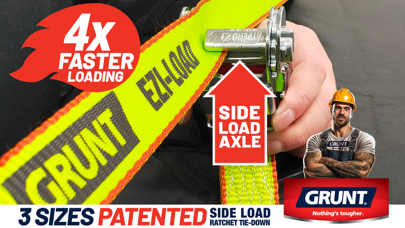 Grunt ratchet tie-down with side load axle feature and product branding.