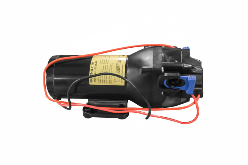 12 volt flojet pump with red and black cables on a white background