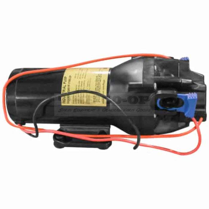 12 volt flojet pump with red and black cables on a white background