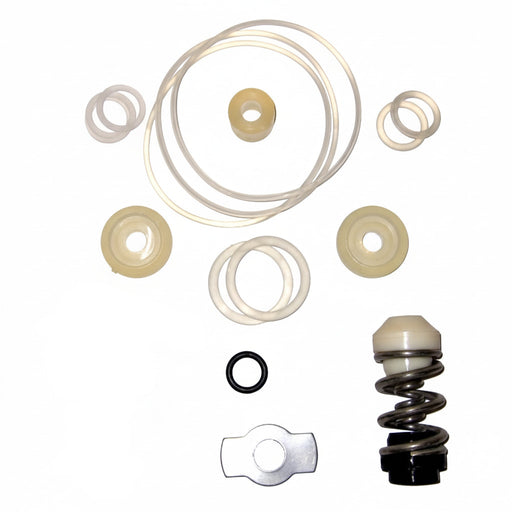Set of mechanical parts including springs, washers, and a valve on a light gray background