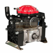 A Co-Op farm pump with a red and black top assembly, a silver metal pump body, and black mounting brackets, shown on a white background.