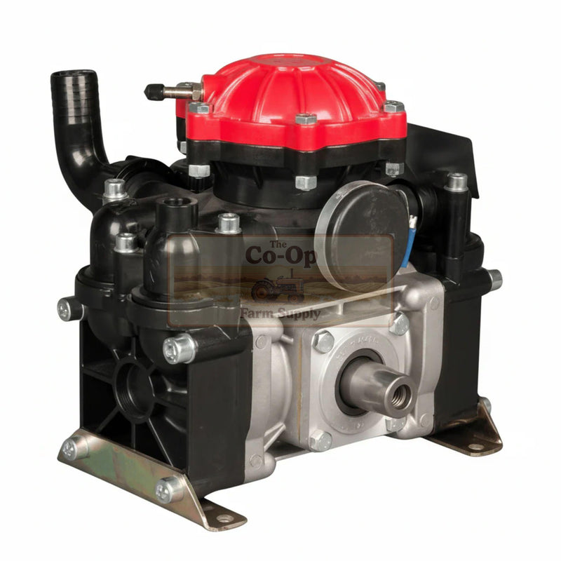 A Co-Op farm pump with a red and black top assembly, a silver metal pump body, and black mounting brackets, shown on a white background.