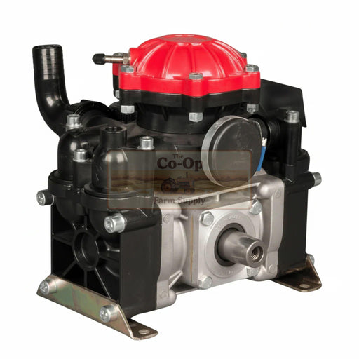 A Co-Op farm pump with a red and black top assembly, a silver metal pump body, and black mounting brackets, shown on a white background.