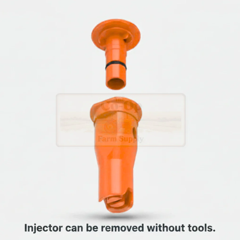 Orange plastic injector with a white background and 'Farm Supply' branding.