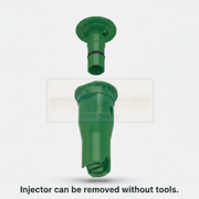 Green plastic injector with a separate component on a white background, labeled 'Farm Supply'.