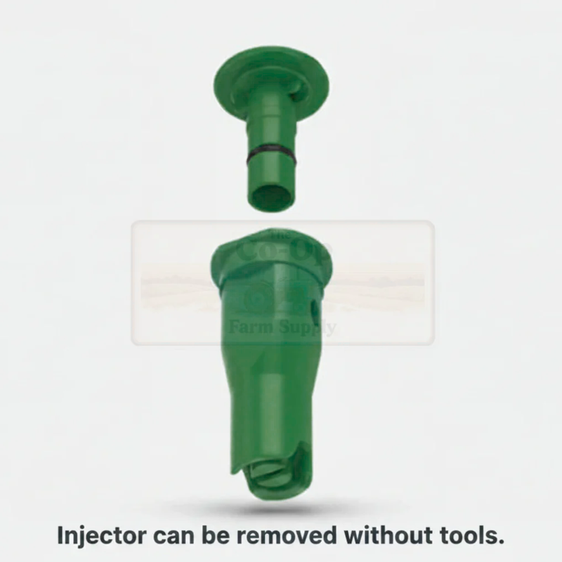 Green plastic injector with a separate component on a white background, labeled 'Farm Supply'.
