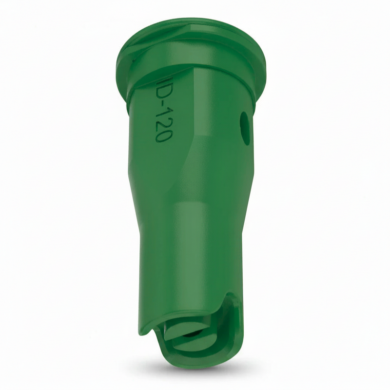 Green plastic component with text on a white background