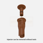 Two brown plastic injectors on a white background with text indicating they can be removed without tools.