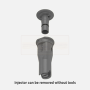 Gray plastic injector component on a white background with text indicating it can be removed without tools.