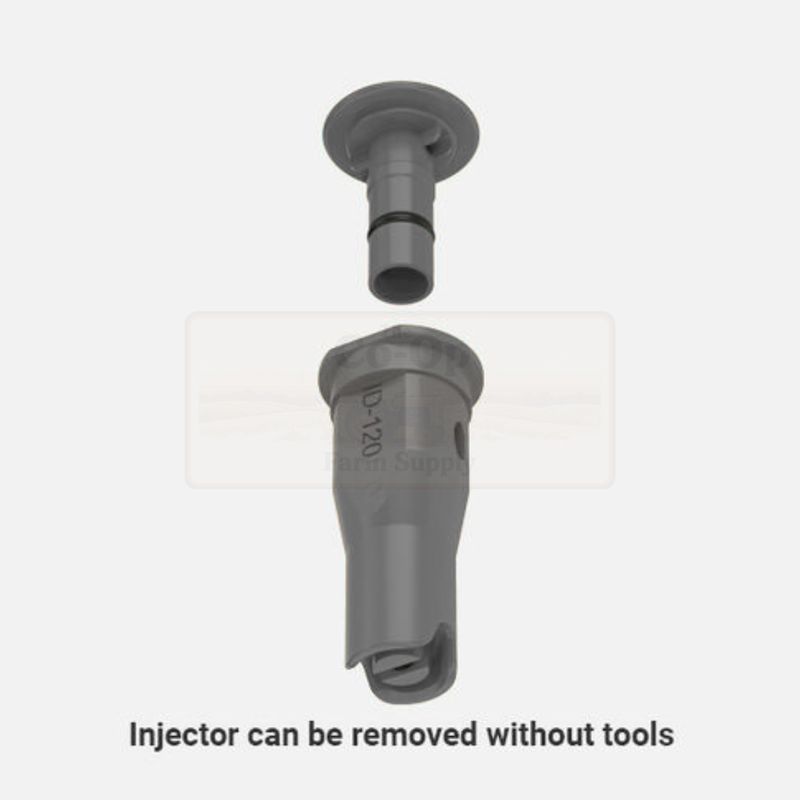 Gray plastic injector component on a white background with text indicating it can be removed without tools.