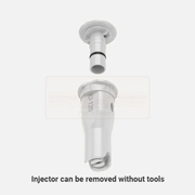 Injector component with text indicating it can be removed without tools on a white background