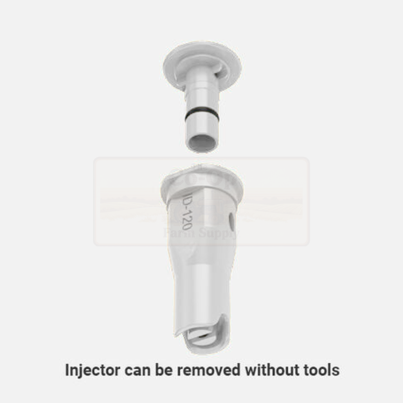Injector component with text indicating it can be removed without tools on a white background