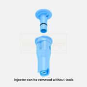 Blue plastic injector component on a white background with text indicating it can be removed without tools.