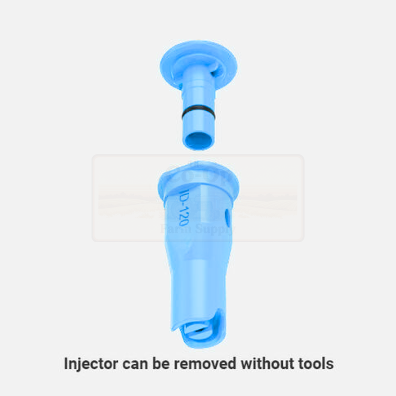 Blue plastic injector component on a white background with text indicating it can be removed without tools.