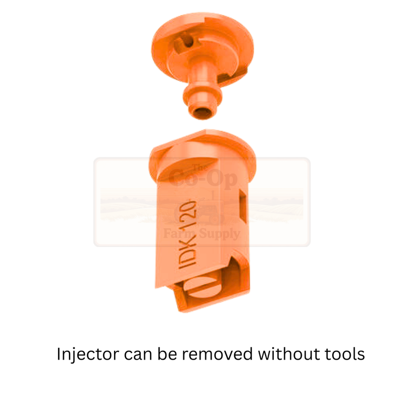 Orange injector with text indicating it can be removed without tools on a white background
