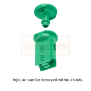 Green plastic injector with text on a white background