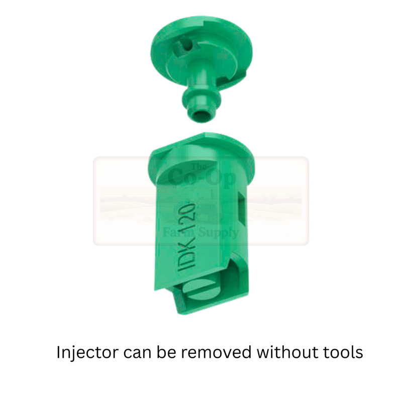 Green plastic injector with text on a white background
