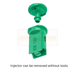 Green plastic injector with text on a white background