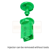 Green plastic injector with text on a white background