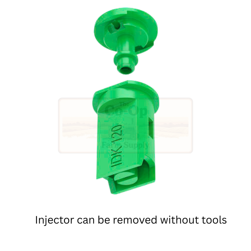 Green plastic injector with text on a white background