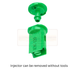 Green plastic injector with text on a white background