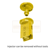 Yellow injector with text 'Injector can be removed without tools' on a white background