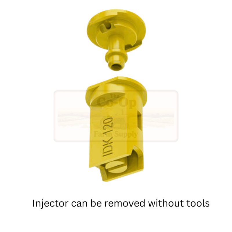 Yellow injector with text 'Injector can be removed without tools' on a white background