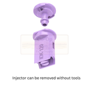 Purple injector with text 'Injector can be removed without tools' on a white background