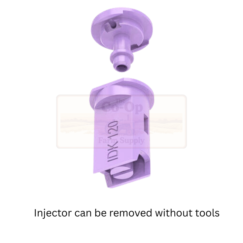 Purple injector with text 'Injector can be removed without tools' on a white background