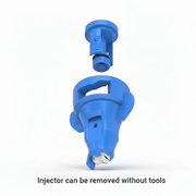 Blue plastic injector with text indicating it can be removed without tools on a white background