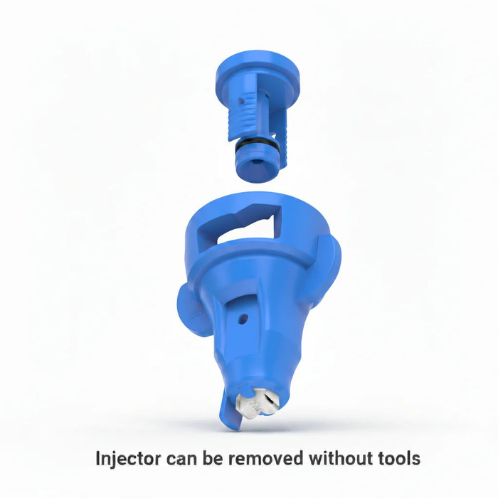 Blue plastic injector with text indicating it can be removed without tools on a white background