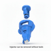Blue plastic injector with text indicating it can be removed without tools on a white background