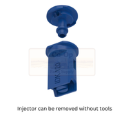 Blue plastic injector with text on a white background