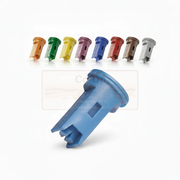 Blue plastic component with colorful counterparts on a white background