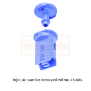 Blue injector with text indicating it can be removed without tools on a white background