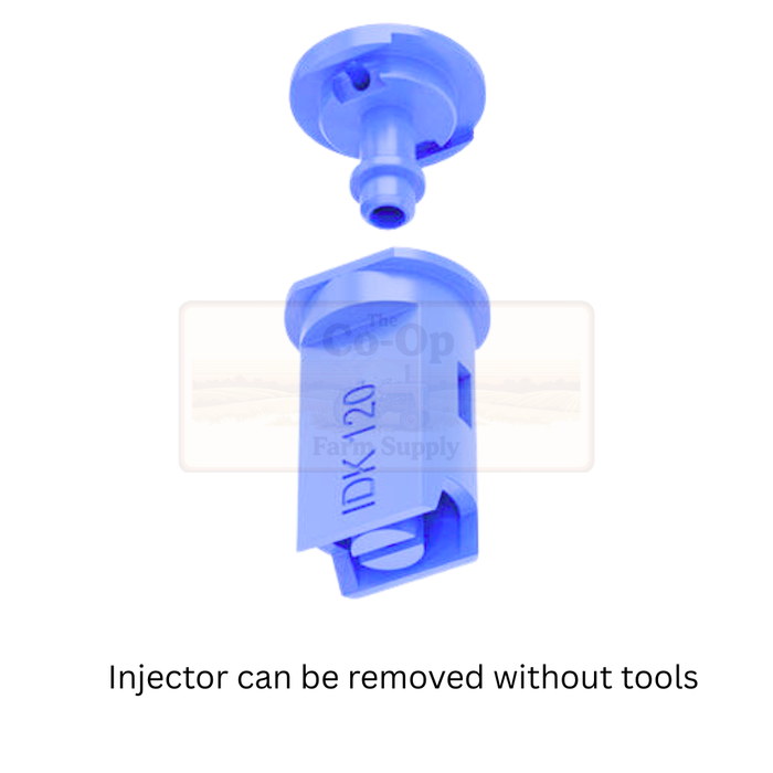 Blue injector with text indicating it can be removed without tools on a white background