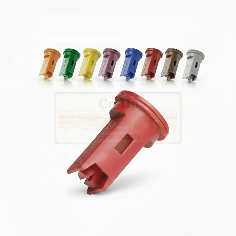 Red plastic component with multiple color-coded attachments on a white background