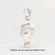 White injector component on a light gray background with text indicating it can be removed without tools.